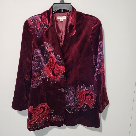 Coldwater Creek Velvet Style Rich Burgundy Color Floral Blazer Jacket - Size 12 - Picture 1 of 11